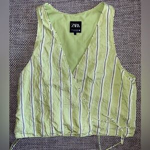 ZARA Boho Crinkle Wrap Vest Top • V-Neck Striped Tie Waist • Size Small